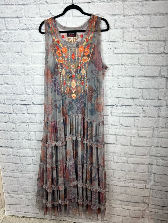 Johnny Was Dresses & Skirts - Johnny Was Biya Embroidered Mesh Floral Tiered Maxi Dress Gray XL Boho